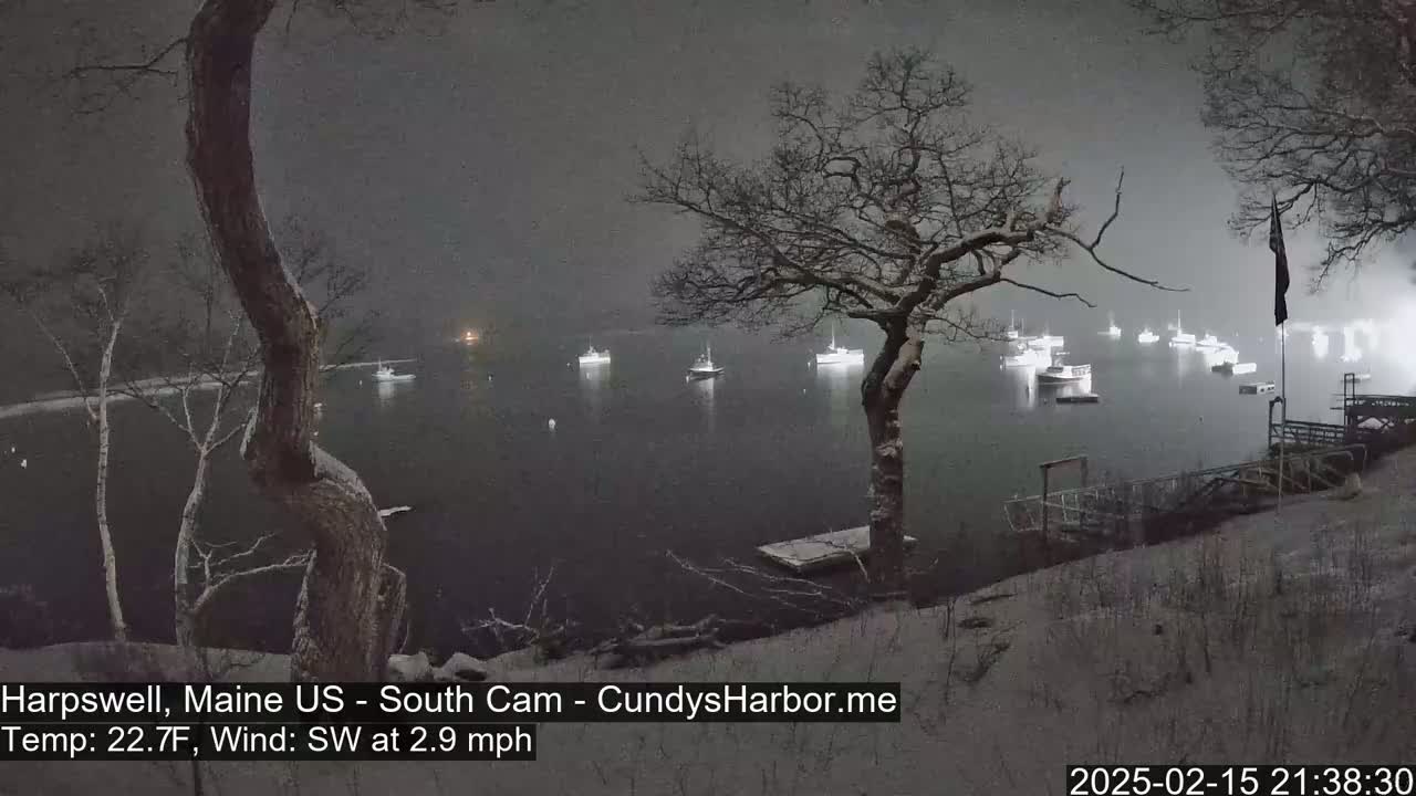 A snow-covered shoreline at night overlooks a calm harbor with numerous boats, under a dark, overcast sky.