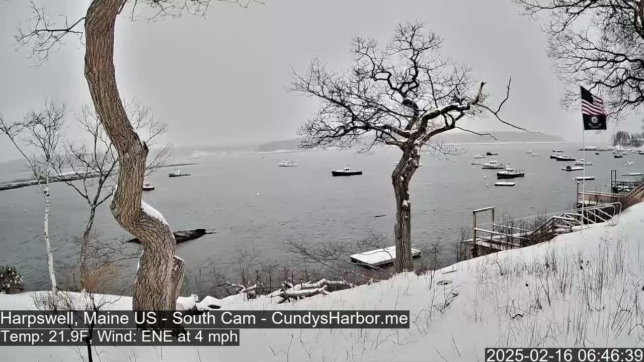A snow-covered shoreline with several boats in a calm bay under an overcast sky.