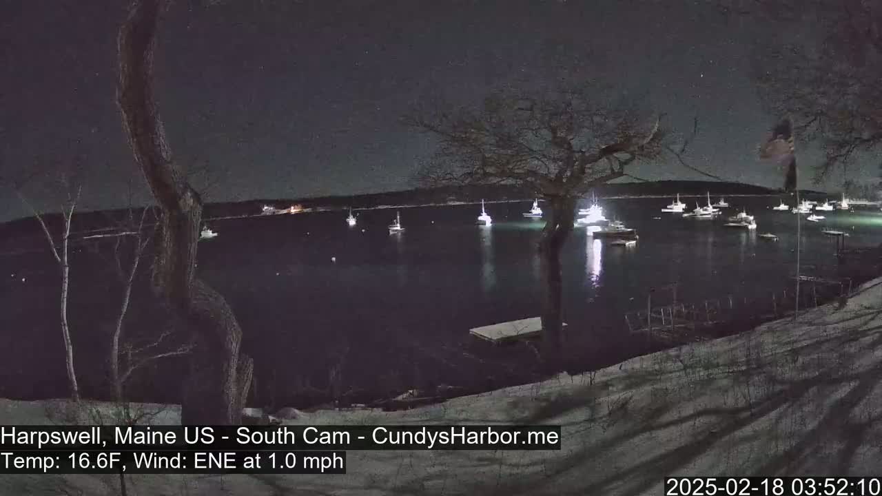 A nighttime view of a snow-covered shoreline with several boats illuminated in a dark, calm harbor under a clear, starry sky.