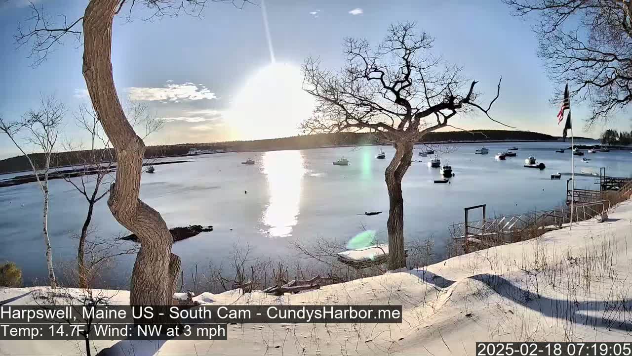 A sunny, cold day with a light northwest wind shows a snow-covered shoreline overlooking a calm harbor with numerous boats.