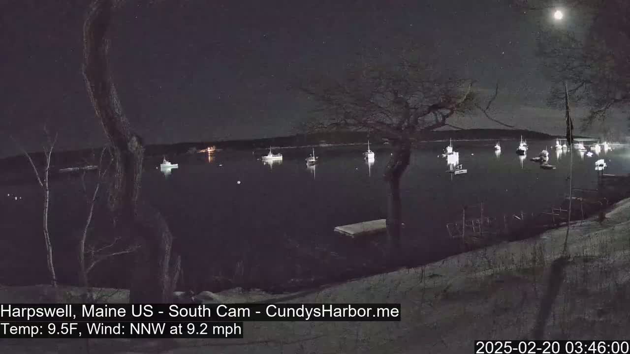 A moonlit night scene shows numerous boats moored in a calm harbor, viewed from a snow-dusted shore under a clear sky.