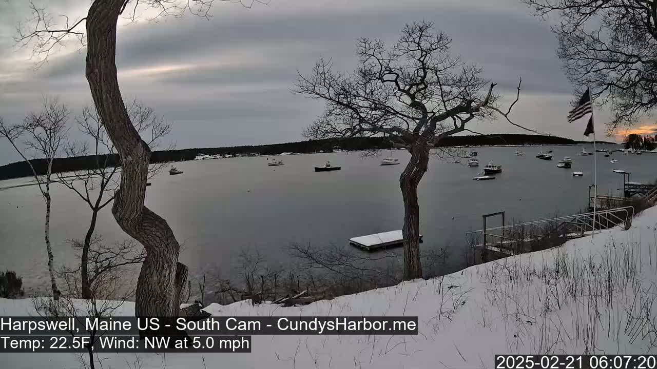 A snow-covered shoreline with several boats in a calm bay under an overcast sky.