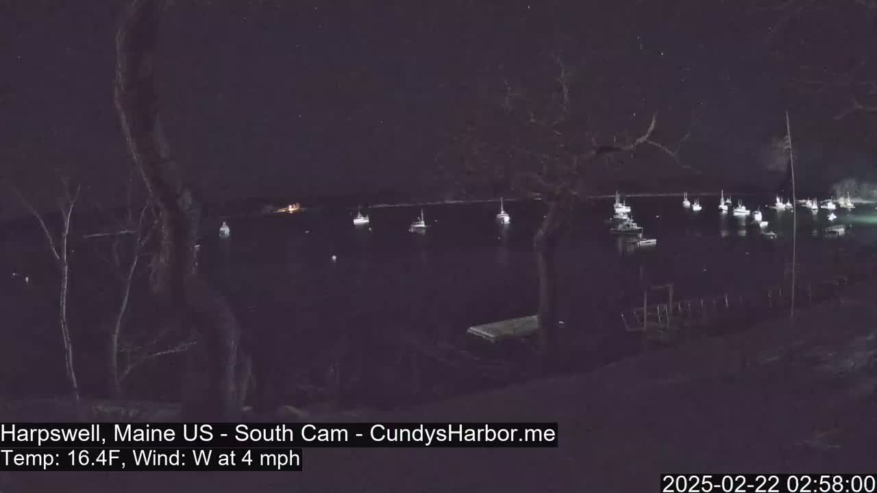 Numerous boats are moored in a dark harbor at night under a starry sky, with a west wind blowing at 4 mph and a temperature of 16.4°F.