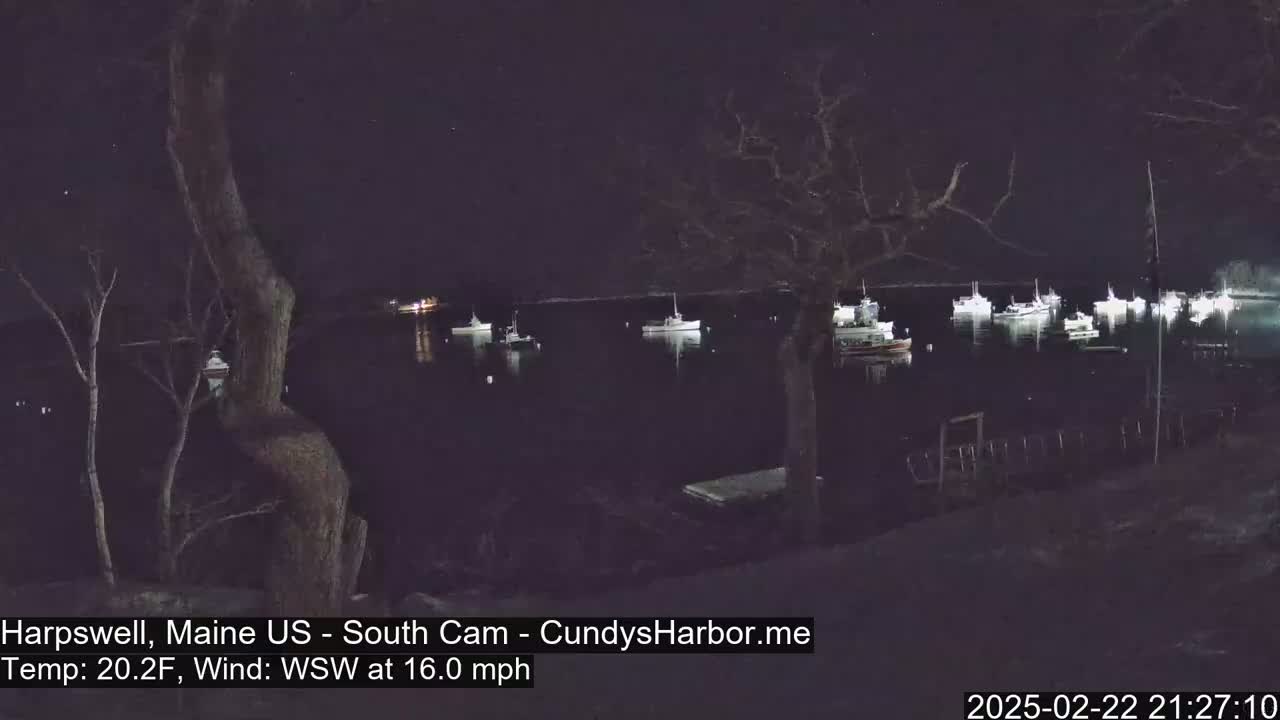 Several boats are moored in a dark, calm harbor at night, viewed from a snow-covered shoreline under a clear, starry sky.