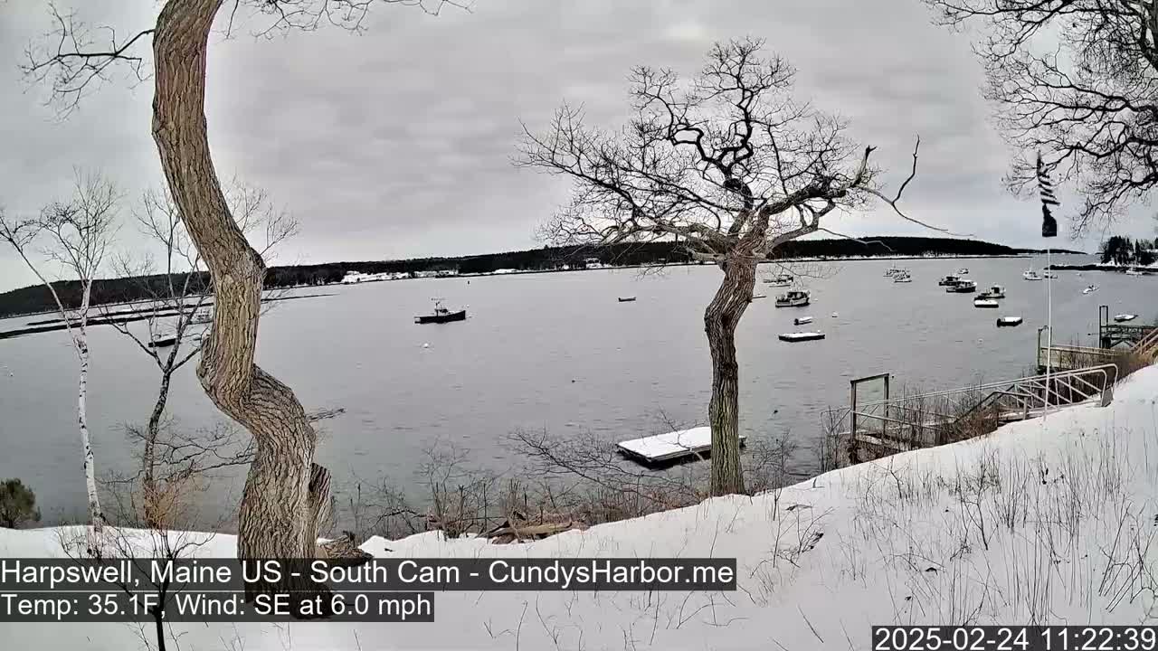 A snow-covered shoreline overlooks a calm body of water with several small boats, under an overcast sky.