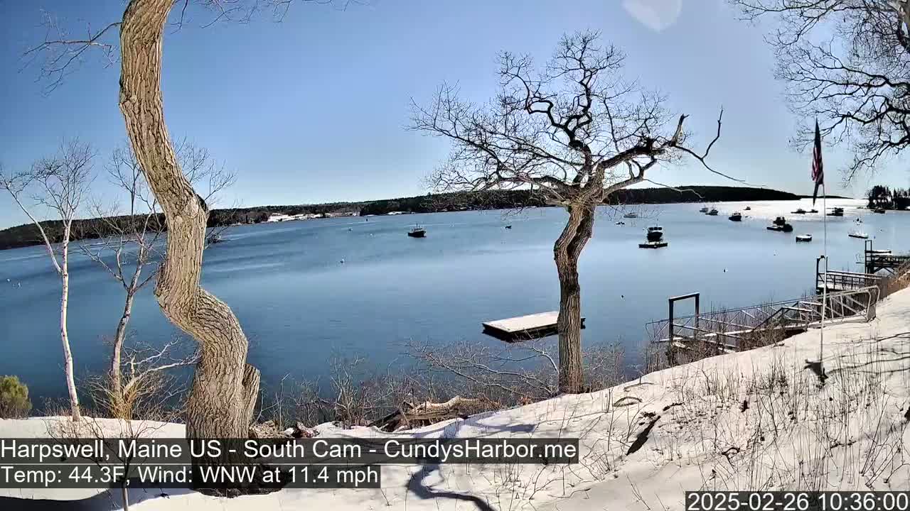 A sunny day with a light WNW wind shows a snow-covered shoreline with leafless trees, a floating dock, and several boats on a calm body of water.