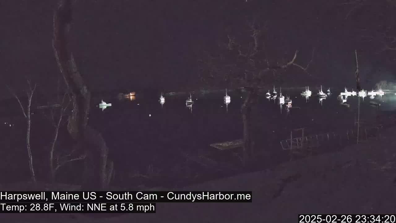 A nighttime view of a harbor with numerous boats, under a dark sky with a 28.8°F temperature and a 5.8 mph NNE wind.
