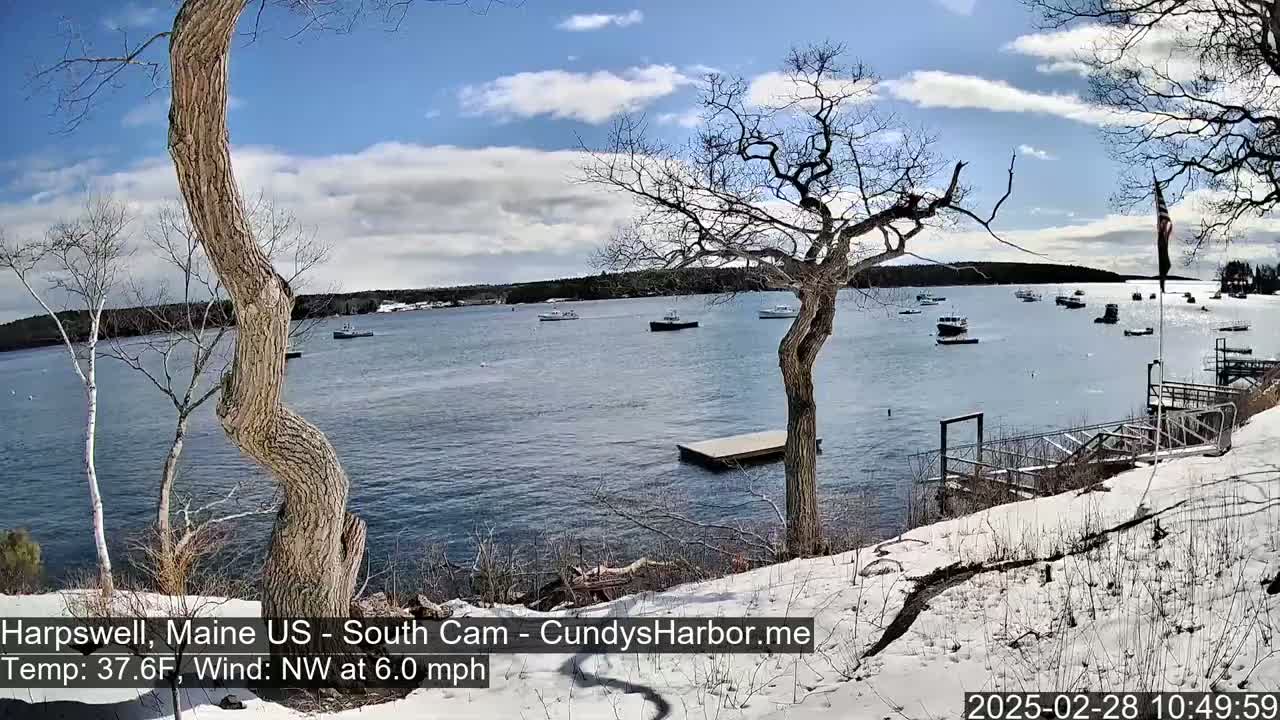 A snow-covered shoreline overlooks a calm harbor with several boats, under a partly cloudy blue sky.