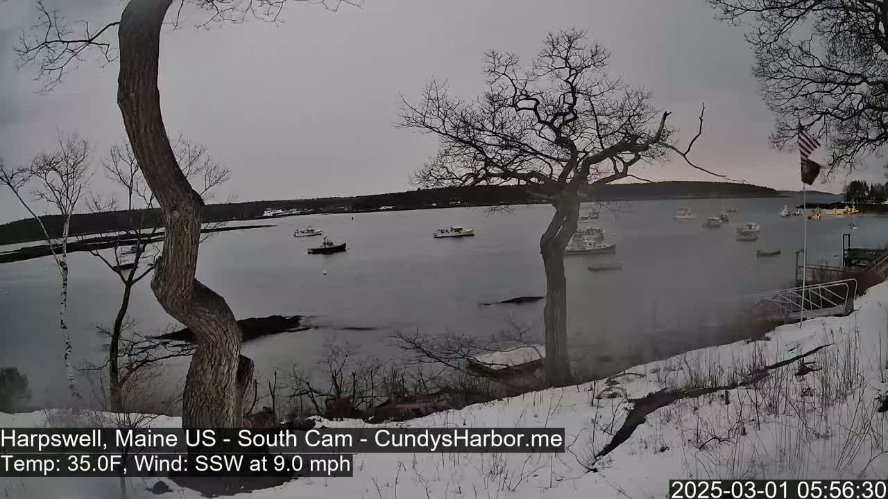 Several boats are moored in a calm bay under an overcast sky, with a snow-covered shoreline and leafless trees in the foreground.