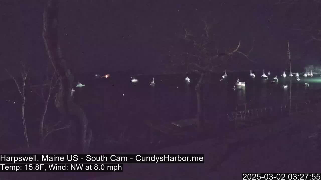 Many boats are moored in a dark harbor at night under a starry sky with a northwest wind blowing at 8.0 mph and a temperature of 15.8°F.