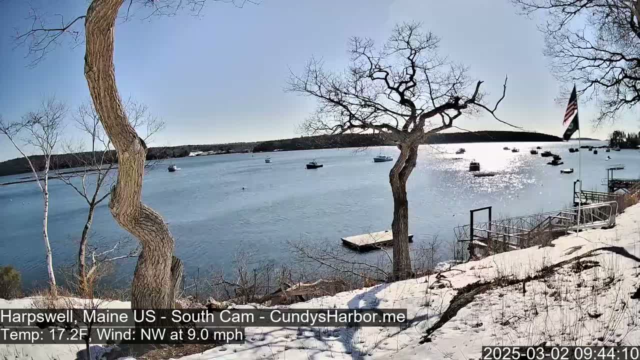 A snow-dusted shoreline with several boats on a calm, sunny body of water under a clear blue sky.