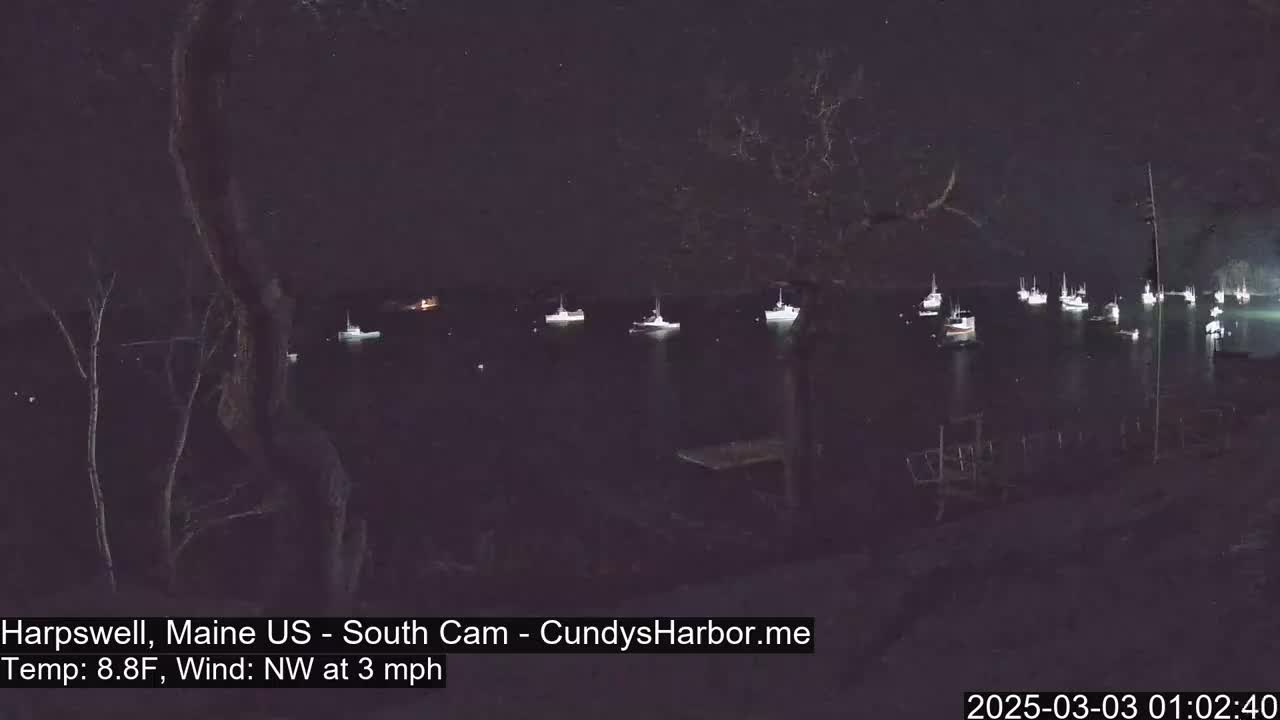 A nighttime view of numerous boats moored in a harbor under a clear, starry sky with a light northwest wind.