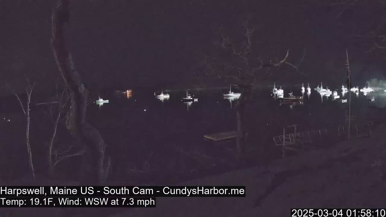 Several boats are moored in a dark harbor at night under a clear sky, with a 19.1°F temperature and a 7.3 mph wind from the west-southwest.