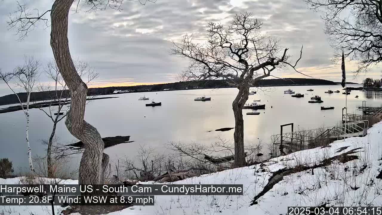 A snow-covered shoreline with several boats in a calm bay under a cloudy, twilight sky.
