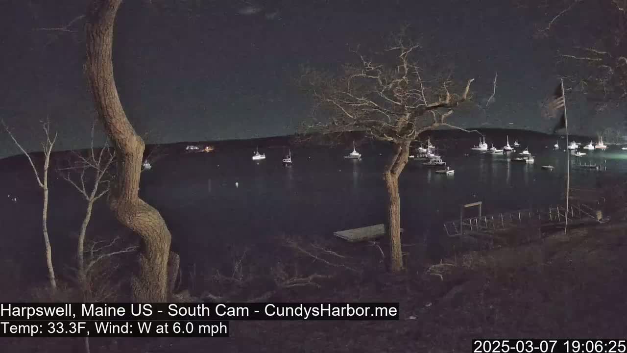 A nighttime view of a harbor with numerous boats at anchor under a dark sky, with a 33.3°F temperature and a 6.0 mph west wind.