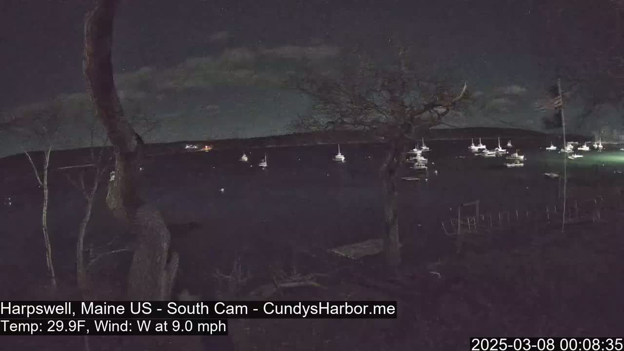 A nighttime view of a harbor with numerous boats moored, under a dark sky with some clouds and a westerly wind.