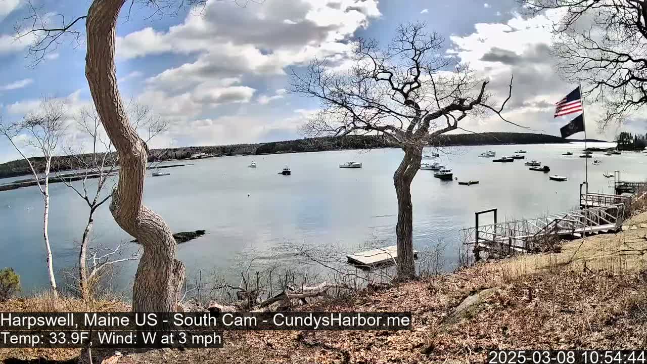 A partly cloudy day with a light westerly wind shows several boats in a calm harbor, viewed from a shoreline with bare trees and a small dock.