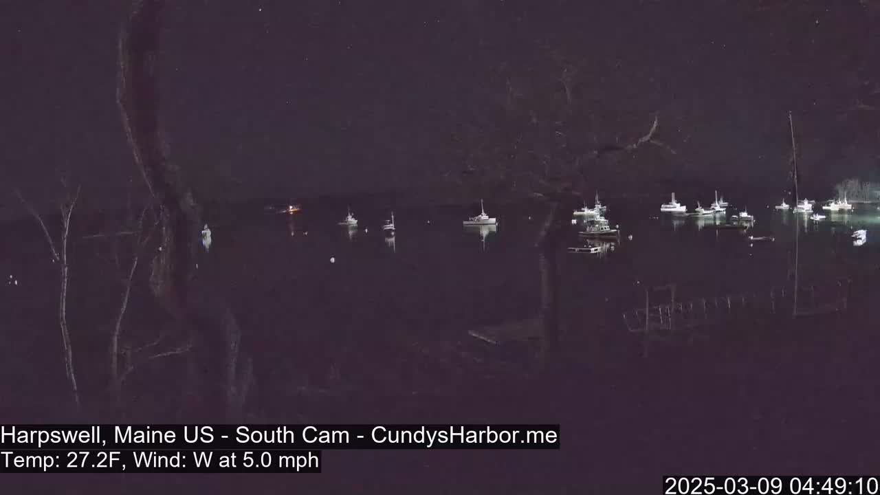 Several boats are moored in a dark harbor at night under a clear, starry sky, with a light westerly wind.