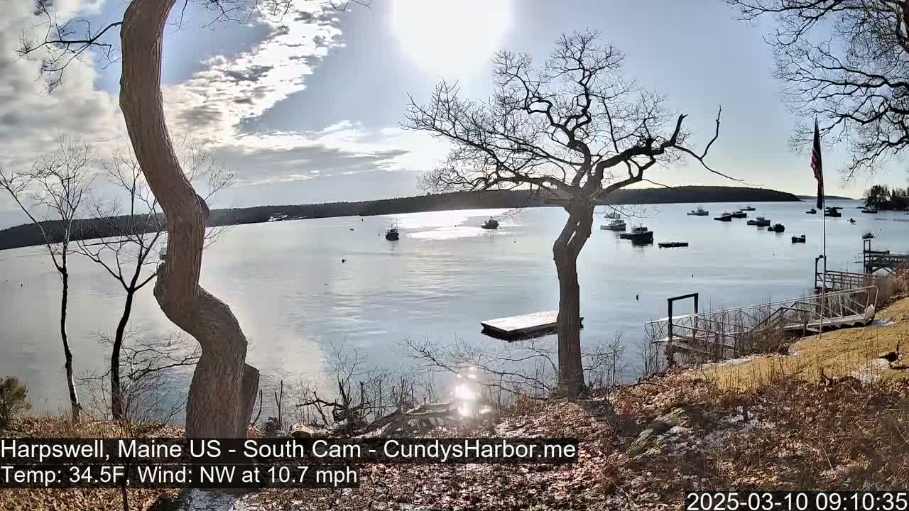A partly sunny day with a northwest wind shows a calm body of water with several boats, viewed from a shoreline with leafless trees and a small dock.