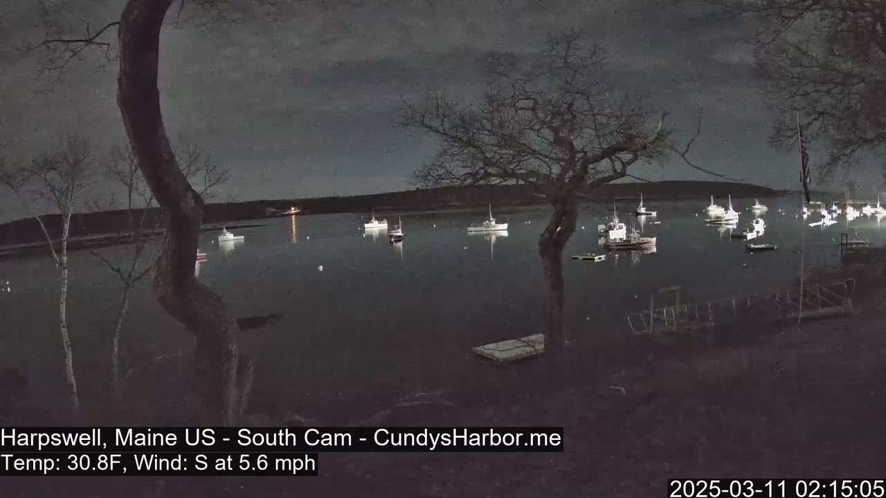 A nighttime view of a harbor with numerous boats at rest under a dark, cloudy sky, a gentle south wind blowing.