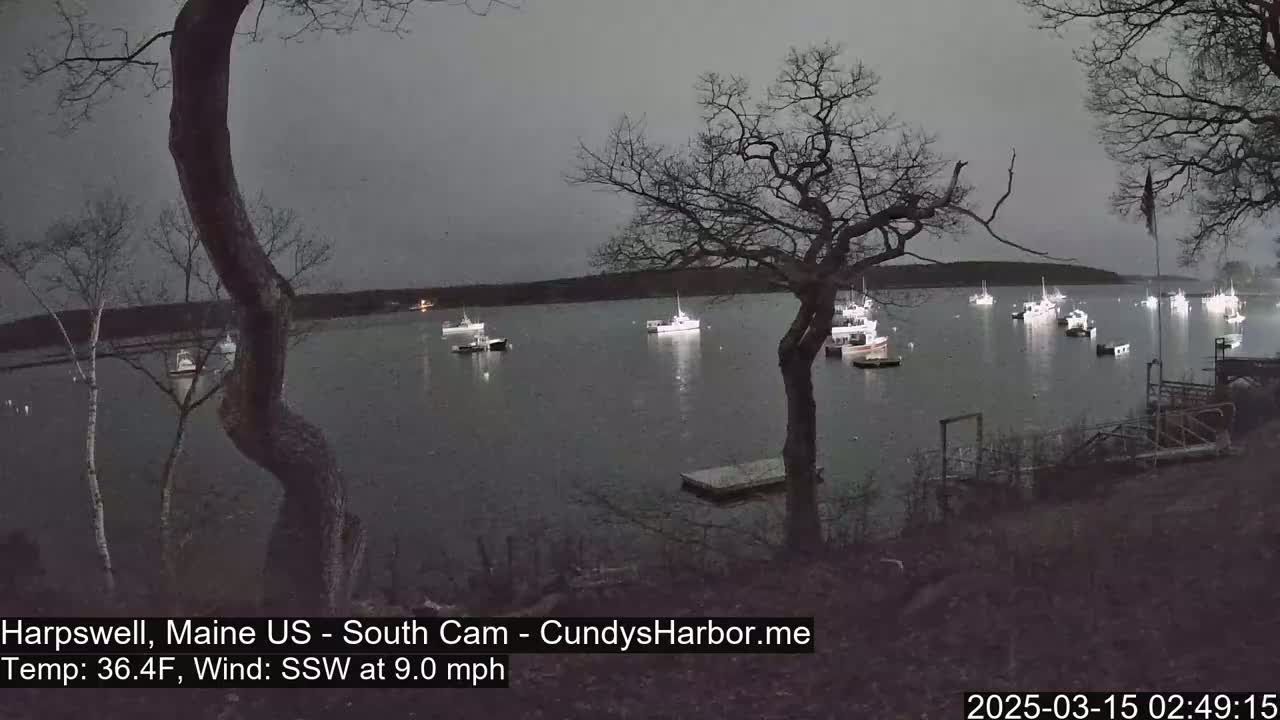 Several boats are moored in a calm body of water under a dark, overcast sky at night.