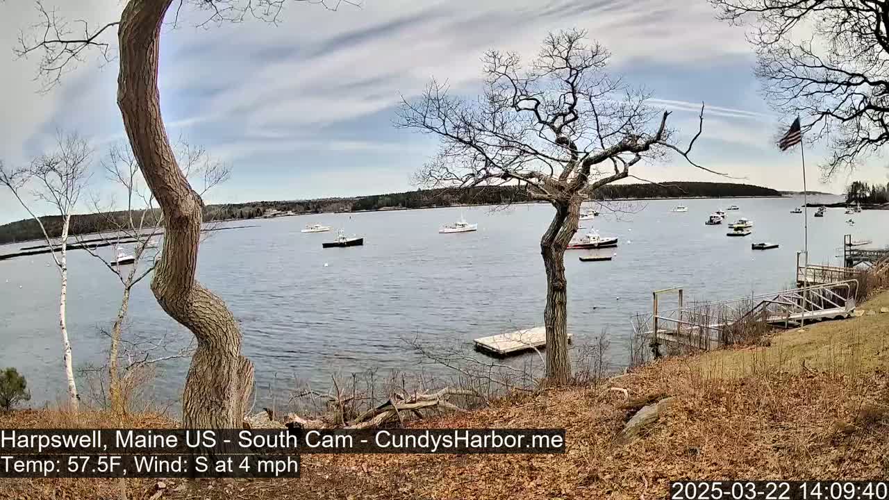 Several boats are moored in a calm bay under a partly cloudy sky, viewed from a shoreline with leafless trees and a small wooden dock.
