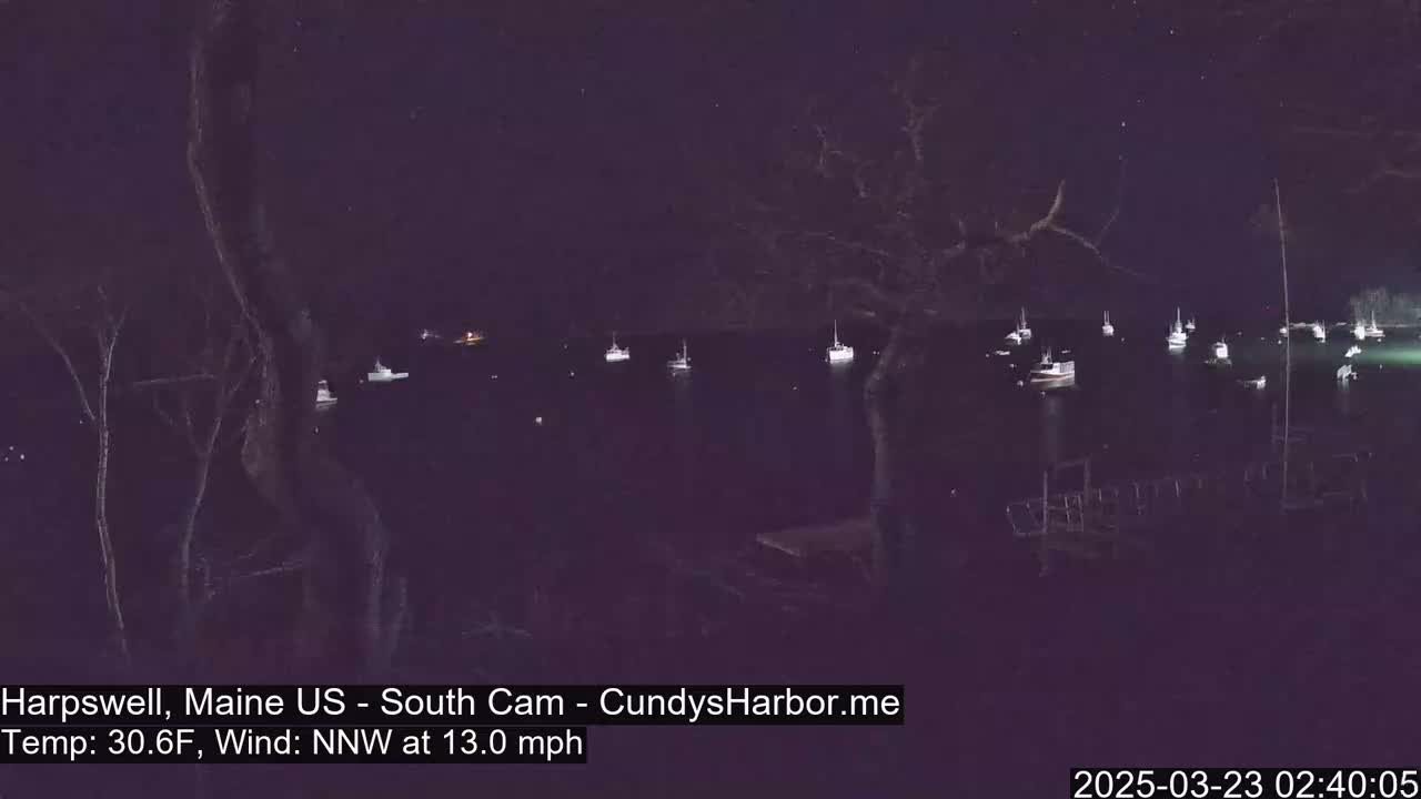 Several boats are moored in a dark body of water at night under a clear, starry sky, with a moderate north-northwest wind.