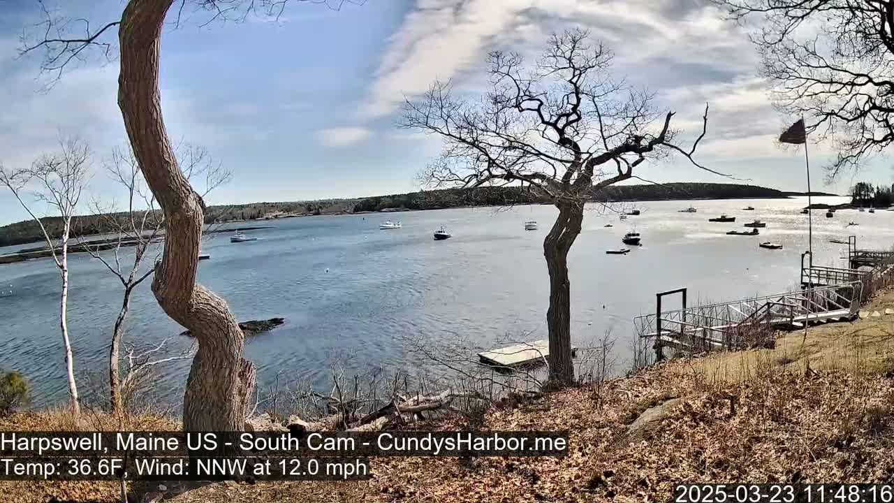 A partly sunny day with a north-northwest wind of 12 mph shows a calm body of water with several boats, viewed from a shoreline with leafless trees and a wooden dock.