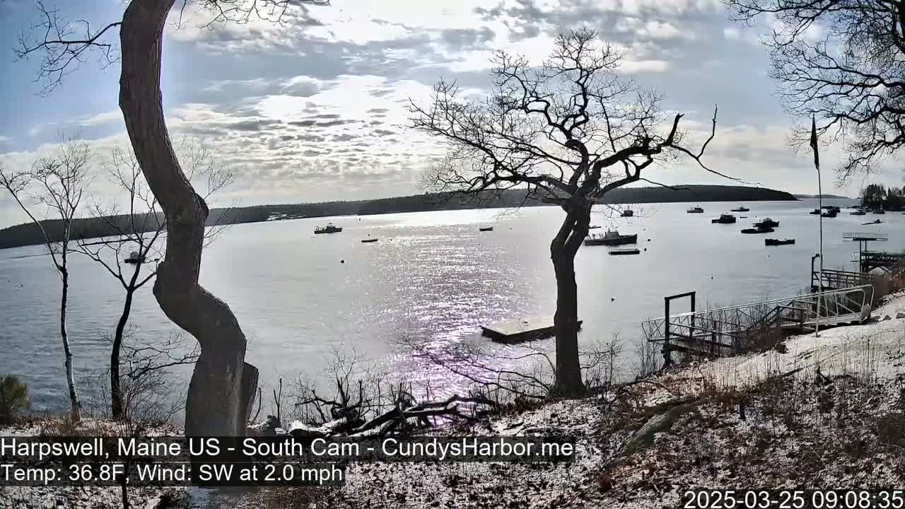 A partly sunny day with a light southwest wind shows a calm bay with several boats, viewed from a snow-dusted shoreline with bare trees.