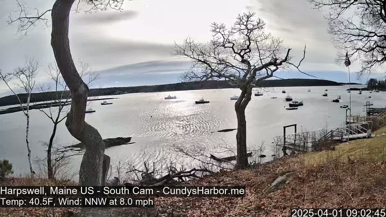 A calm bay with numerous small boats is viewed from a slightly elevated position on a partly cloudy day with a northwest wind.