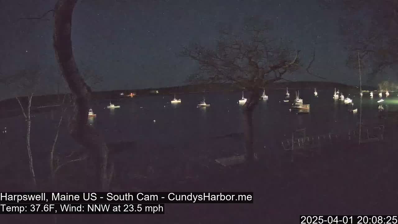 Several boats are moored in a dark harbor at night under a clear, starry sky with a strong northwest wind.
