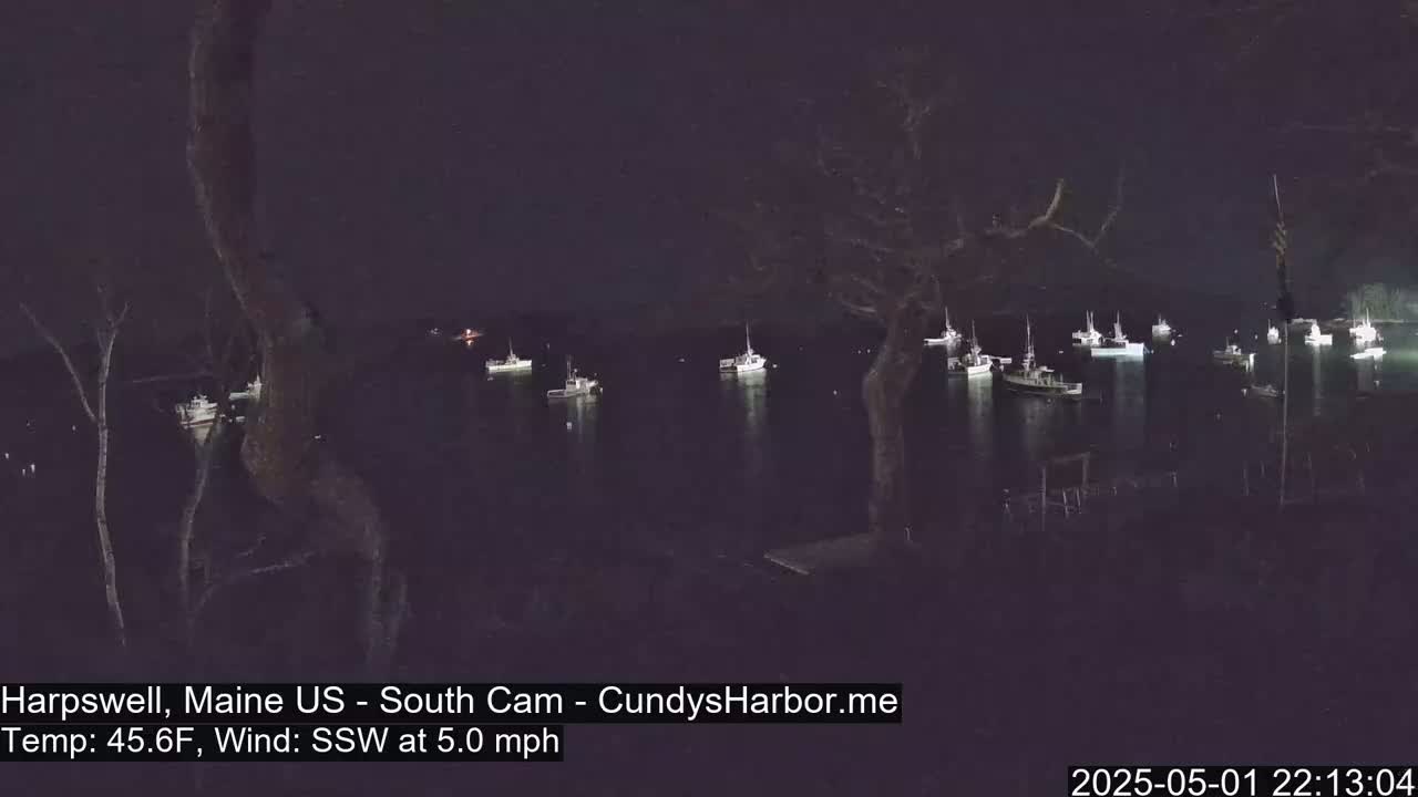 At night, several boats are moored in a calm body of water under a dark sky, with a light south-southwesterly wind.