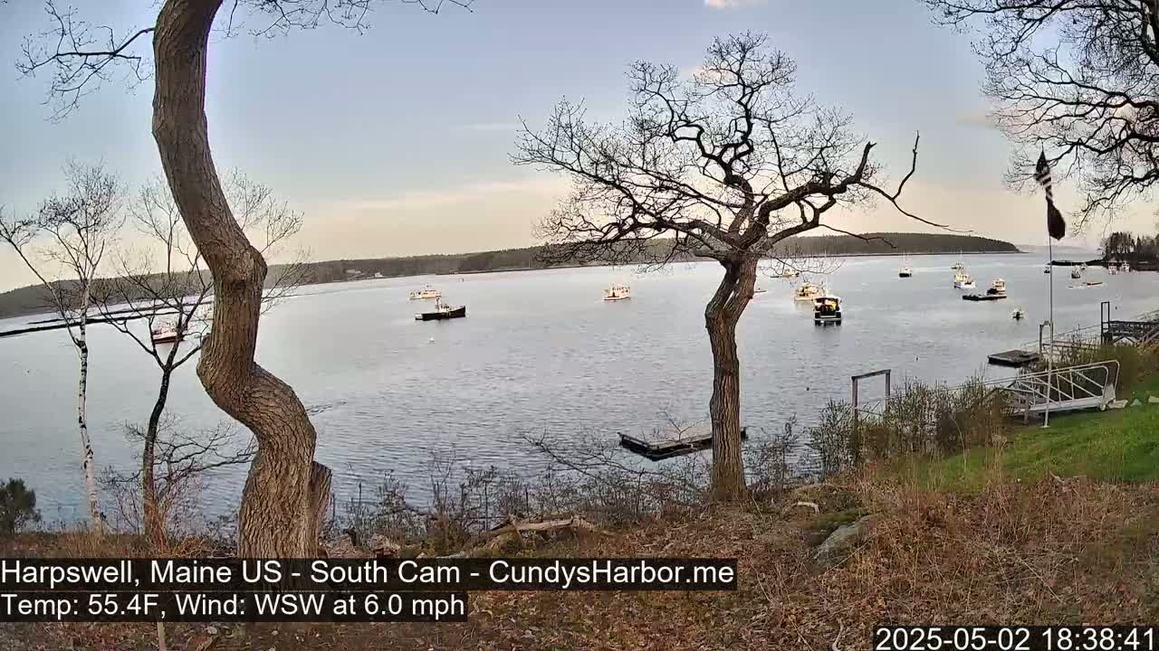 Several boats are moored in a calm bay under a partly cloudy sky, viewed from a grassy shoreline with leafless trees.