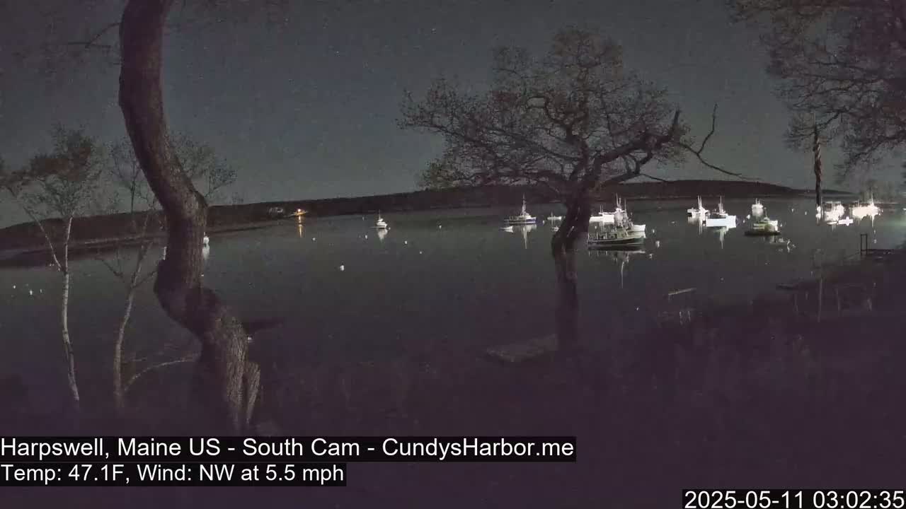 A nighttime view of a calm harbor with numerous boats moored under a dark, clear sky, with a northwest wind at 5.5 mph and a temperature of 47.1°F.