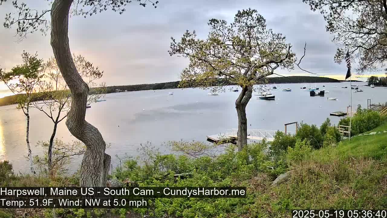 A calm body of water with several boats is viewed from a grassy hill under an overcast sky at sunset.