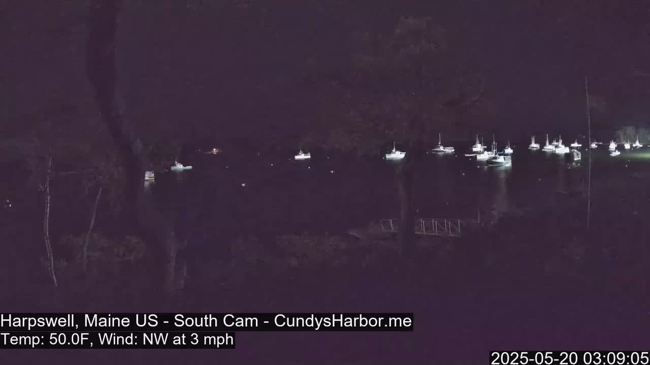 Numerous boats are moored in a dark body of water at night under a clear sky, with a gentle northwest wind.