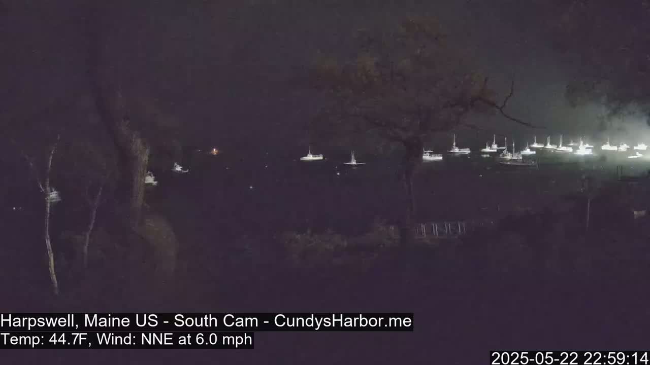 Many boats are moored in dark water at night under a dark sky, with a wind from the north-northeast at 6.0 mph and a temperature of 44.7°F.