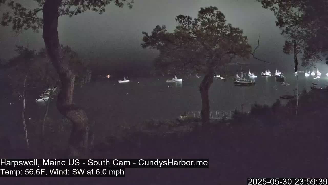 A nighttime view of a harbor with numerous boats moored under a dark, hazy sky, with a southwest wind at 6 mph and a temperature of 56.6°F.