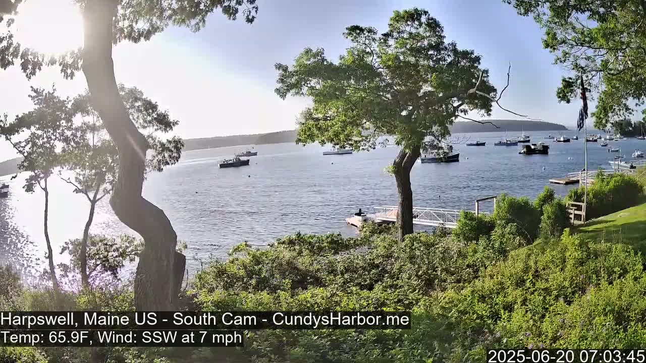 A sunny day with a south-southwesterly wind shows several boats in a calm bay, viewed from a grassy area with trees in the foreground.