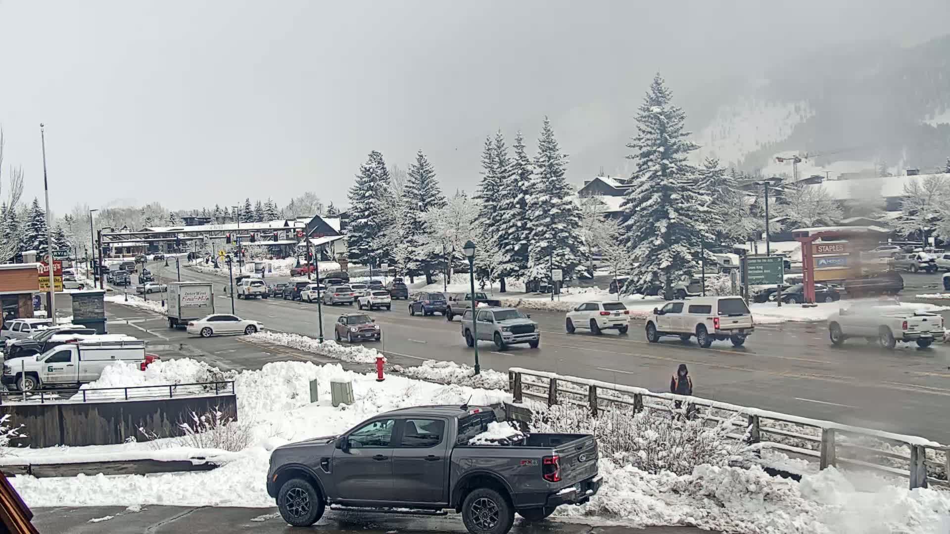 A snow-covered street scene shows several vehicles driving past snow-covered evergreen trees and buildings in a town under an overcast sky.