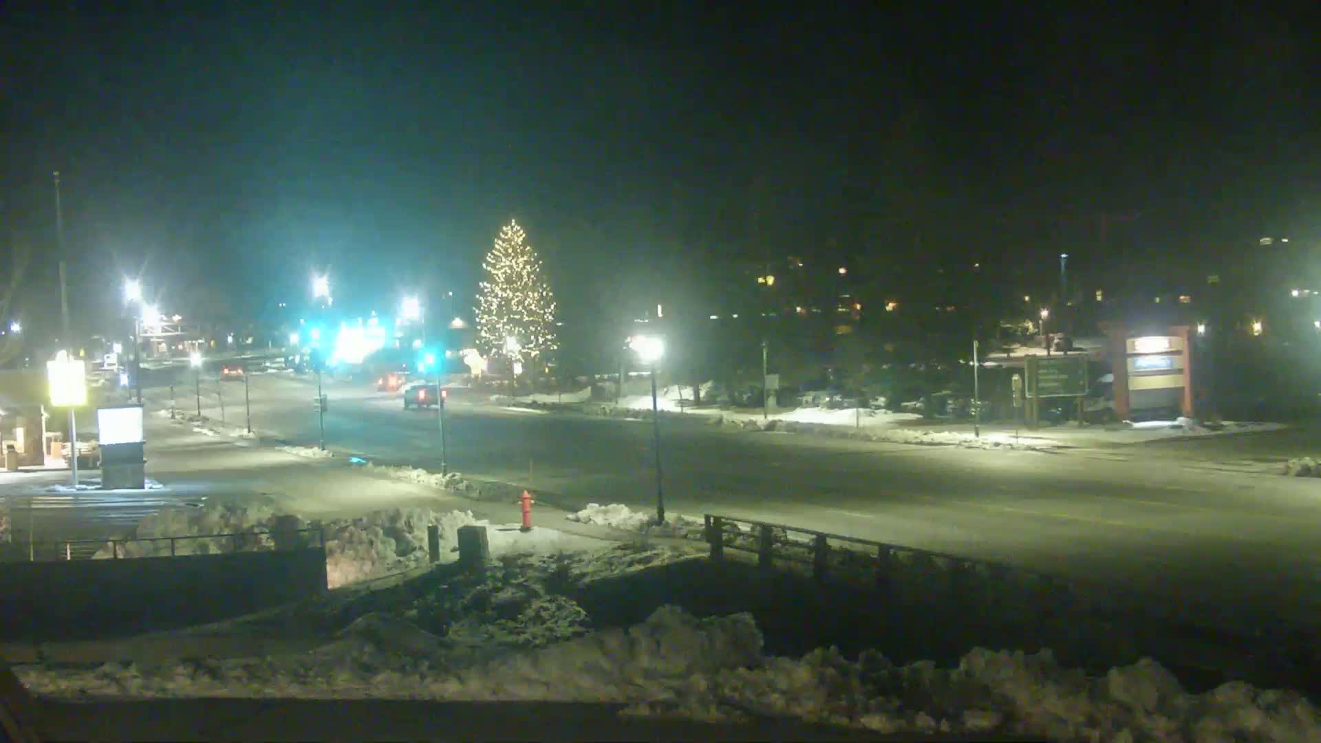 A snow-covered nighttime street scene shows a few cars driving past a lit-up Christmas tree and streetlights.