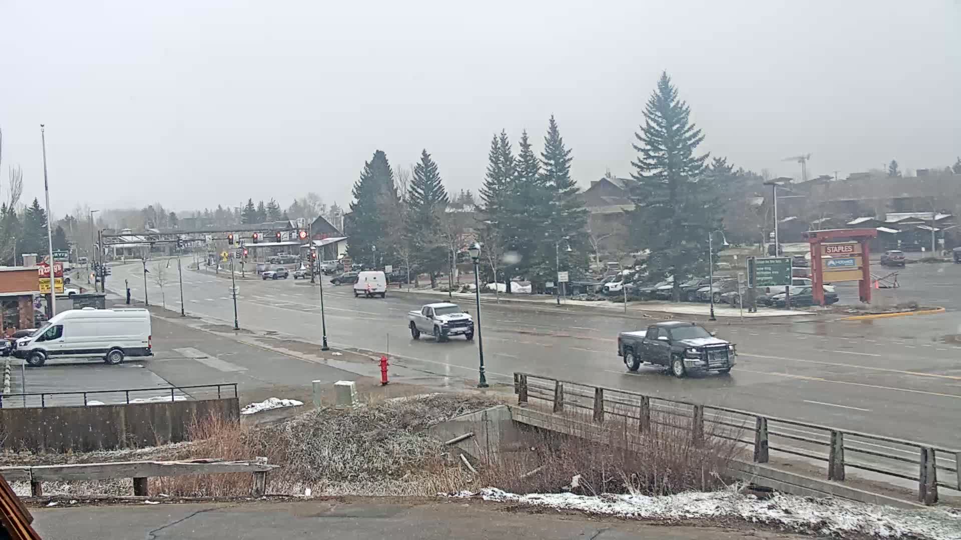 A wet, snowy street scene shows several vehicles driving on a main road, lined with evergreen trees and buildings, under a gray, overcast sky.