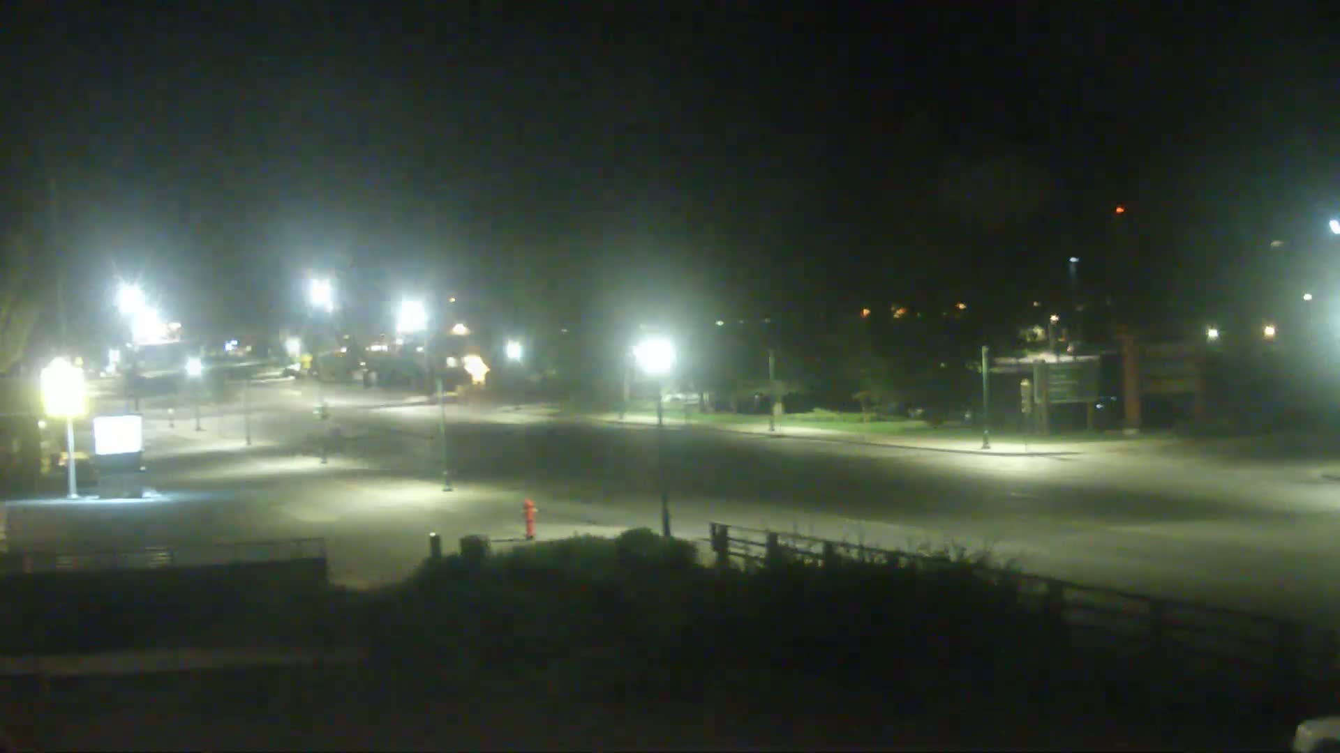 A mostly empty, nighttime roadway is illuminated by streetlights, with some sparse vegetation visible along the sides.