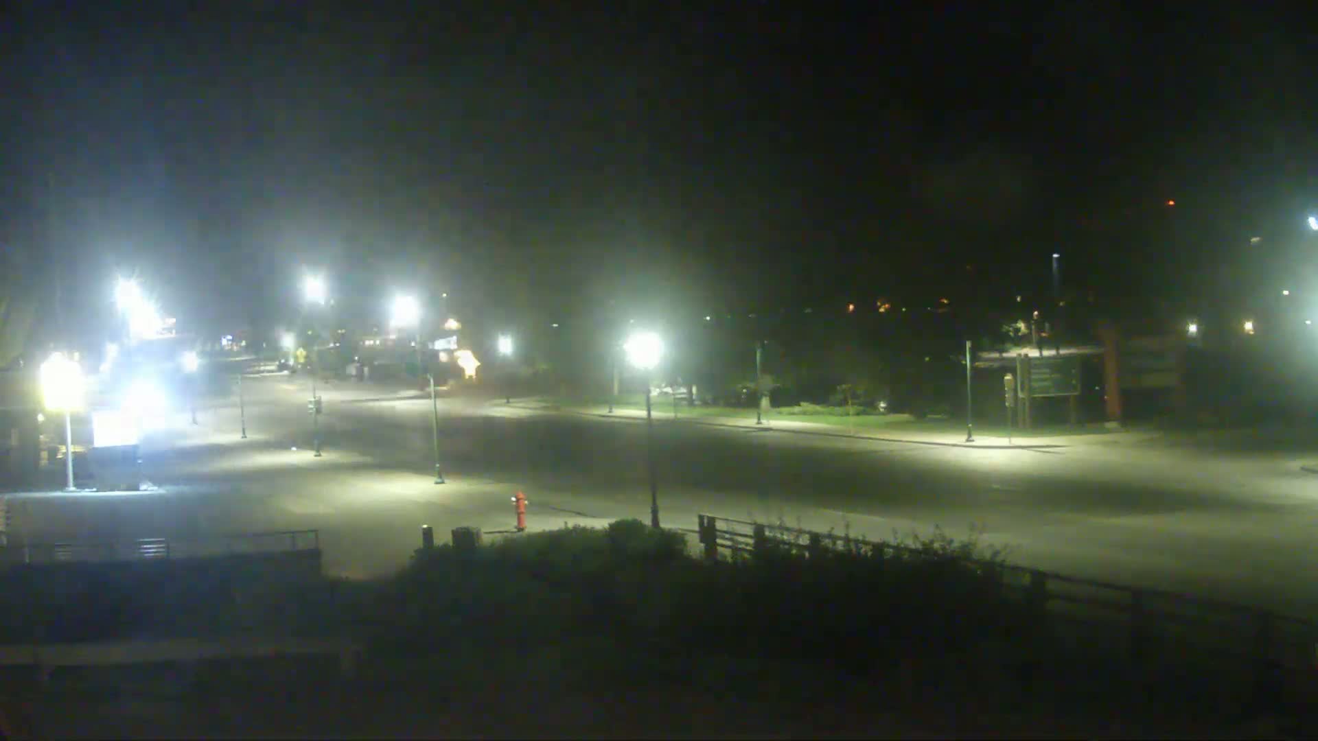 A mostly empty nighttime roadway, illuminated by streetlights, curves through a sparsely vegetated area.