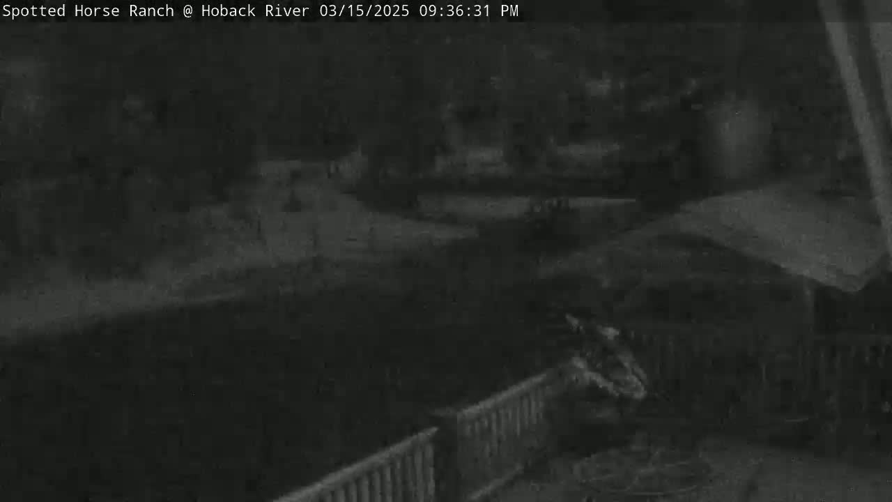 A low-light, nighttime outdoor image shows a dark, blurry scene with a portion of a wooden fence in the bottom right corner.