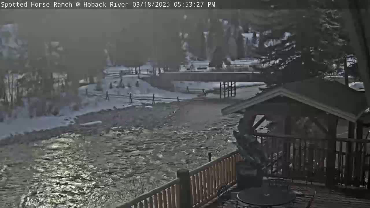 A swiftly flowing river partially covered in ice, seen from a wooden deck on a partly sunny day.