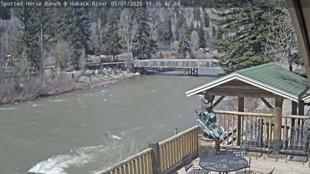A deck with a gazebo overlooks a rushing river and a wooden footbridge under a partly sunny sky.