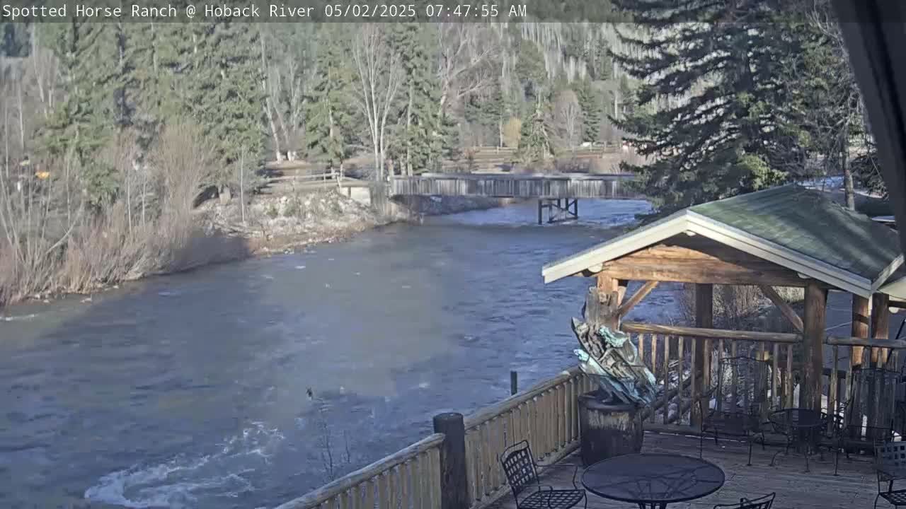 A deck overlooking a swiftly flowing river under a partly sunny sky, with a wooden gazebo and bridge in the background.
