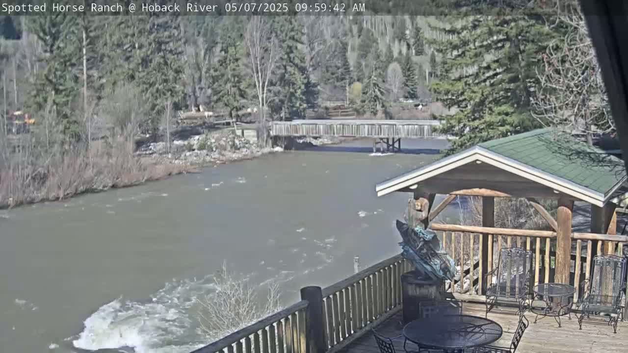 A deck with wooden railings and patio furniture overlooks a swiftly flowing river under a sunny sky, with a wooden bridge visible in the distance.