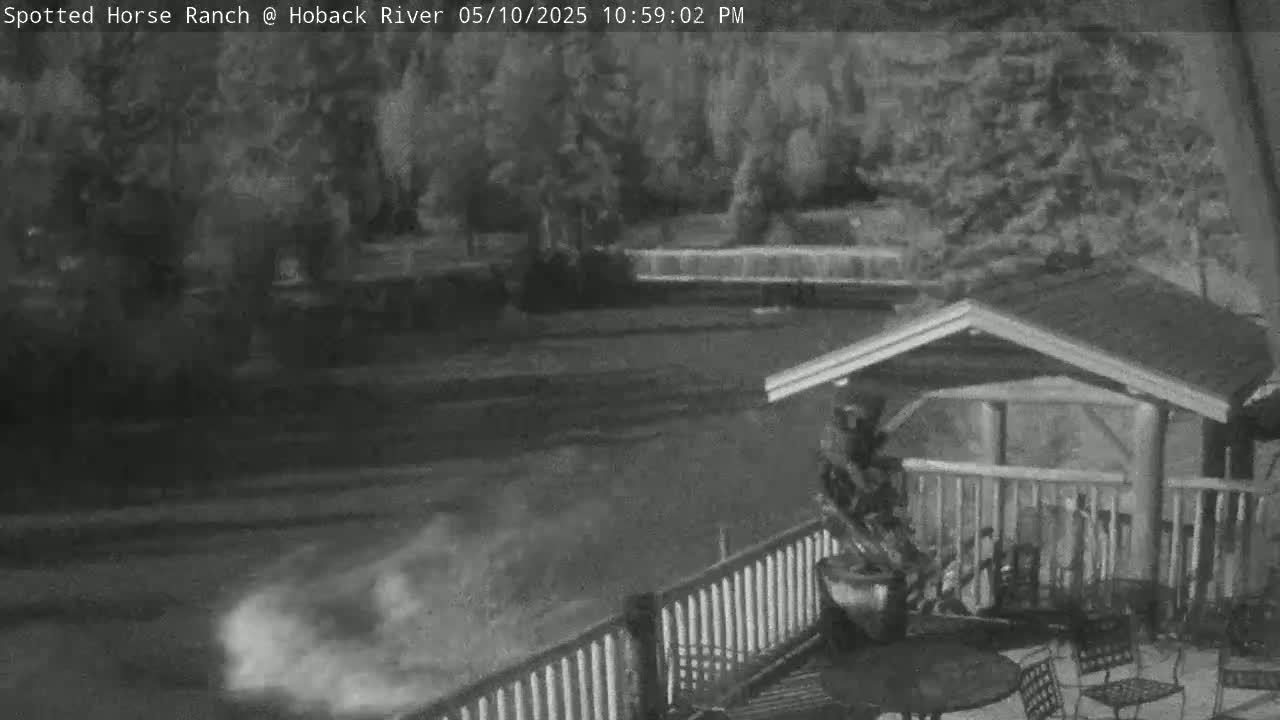 A nighttime, low-light image shows a deck with patio furniture overlooking a grassy area, trees, and a bridge, with some blurry movement visible in the foreground.